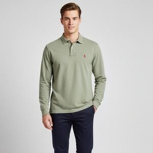 Polo Ralph Lauren Mens Long Sleeve Polo Shirt Green Red Pony Logo Cotton Classic